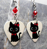 Black Cat with a Red Bow Guitar Pick Earrings with Red Swarovski Crystals