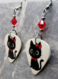 Black Cat with a Red Bow Guitar Pick Earrings with Red Swarovski Crystals