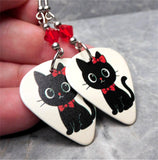 Black Cat with a Red Bow Guitar Pick Earrings with Red Swarovski Crystals