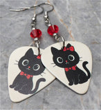 Black Cat with a Red Bow Guitar Pick Earrings with Red Swarovski Crystals