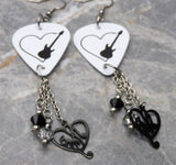 Guitar in a Heart Guitar Pick Earrings with Music Note Black Stainless Steel Charm and Swarovski Crystal Dangles