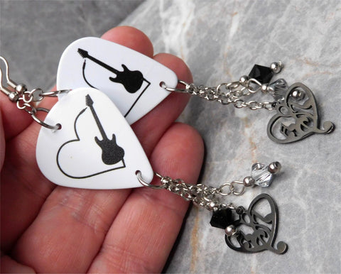 Guitar in a Heart Guitar Pick Earrings with Music Note Black Stainless Steel Charm and Swarovski Crystal Dangles