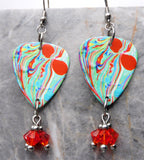 Alcohol Ink Effect Guitar Pick Earrings with Dark Orange Swarovski Crystal Dangles