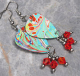 Alcohol Ink Effect Guitar Pick Earrings with Dark Orange Swarovski Crystal Dangles