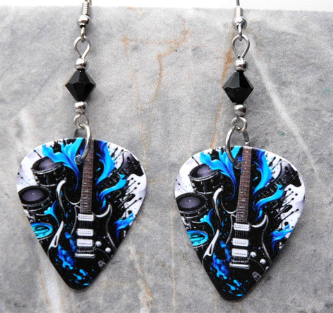 Blue and Black Guitar on Coordinating Guitar Pick Earrings with Black Swarovski Crystals