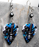 Blue and Black Guitar on Coordinating Guitar Pick Earrings with Black Swarovski Crystals