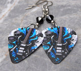 Blue and Black Guitar on Coordinating Guitar Pick Earrings with Black Swarovski Crystals