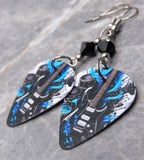 Blue and Black Guitar on Coordinating Guitar Pick Earrings with Black Swarovski Crystals