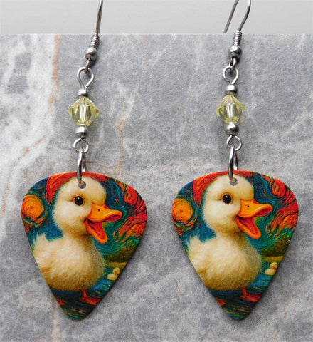Fuzzy Duckling Guitar Pick Earrings with Yellow Swarovski Crystals