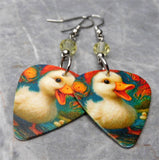 Fuzzy Duckling Guitar Pick Earrings with Yellow Swarovski Crystals