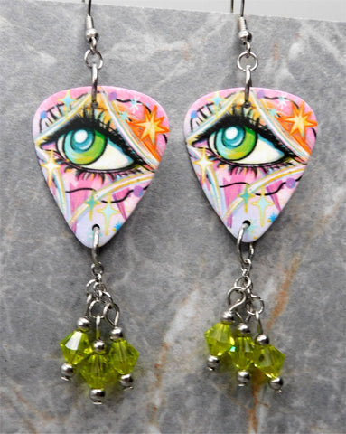 Graffiti Style Green Eye Guitar Pick Earrings with Green Swarovski Crystal Dangles