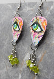 Graffiti Style Green Eye Guitar Pick Earrings with Green Swarovski Crystal Dangles