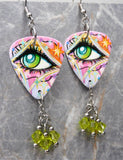 Graffiti Style Green Eye Guitar Pick Earrings with Green Swarovski Crystal Dangles