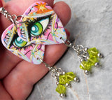 Graffiti Style Green Eye Guitar Pick Earrings with Green Swarovski Crystal Dangles