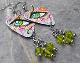Graffiti Style Green Eye Guitar Pick Earrings with Green Swarovski Crystal Dangles