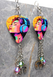 Woman Listening to Music on Headphones Guitar Pick Earrings with Stainless Steel Headphone Charms and Swarovski Crystal Dangles