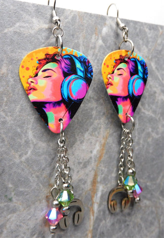 Woman Listening to Music on Headphones Guitar Pick Earrings with Stainless Steel Headphone Charms and Swarovski Crystal Dangles