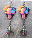 Woman Listening to Music on Headphones Guitar Pick Earrings with Stainless Steel Headphone Charms and Swarovski Crystal Dangles
