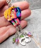 Woman Listening to Music on Headphones Guitar Pick Earrings with Stainless Steel Headphone Charms and Swarovski Crystal Dangles