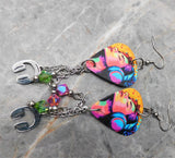 Woman Listening to Music on Headphones Guitar Pick Earrings with Stainless Steel Headphone Charms and Swarovski Crystal Dangles