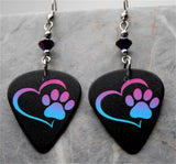 Purple to Blue Ombre Paw Print and Heart Guitar Pick Earrings with Swarovski Crystals