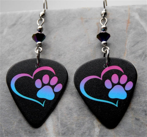 Purple to Blue Ombre Paw Print and Heart Guitar Pick Earrings with Swarovski Crystals
