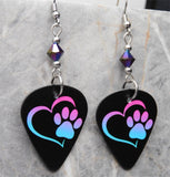 Purple to Blue Ombre Paw Print and Heart Guitar Pick Earrings with Swarovski Crystals