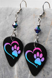 Purple to Blue Ombre Paw Print and Heart Guitar Pick Earrings with Swarovski Crystals