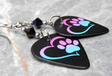 Purple to Blue Ombre Paw Print and Heart Guitar Pick Earrings with Swarovski Crystals