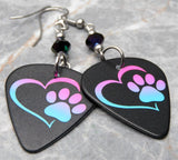Purple to Blue Ombre Paw Print and Heart Guitar Pick Earrings with Swarovski Crystals