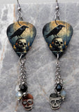 Gothic Raven Scene Guitar Pick Earrings with Stainless Steel Skull Charm and Swarovski Crystal Dangles