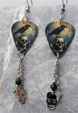 Gothic Raven Scene Guitar Pick Earrings with Stainless Steel Skull Charm and Swarovski Crystal Dangles
