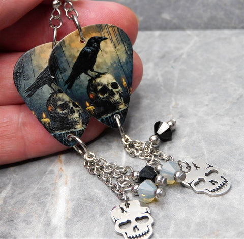 Gothic Raven Scene Guitar Pick Earrings with Stainless Steel Skull Charm and Swarovski Crystal Dangles