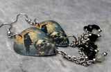 Gothic Raven Scene Guitar Pick Earrings with Stainless Steel Skull Charm and Swarovski Crystal Dangles