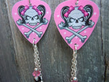 Girl Skull Guitar Pick Earrings with Skull Charm and Swarovski Crystal Dangles