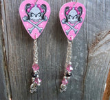 Girl Skull Guitar Pick Earrings with Skull Charm and Swarovski Crystal Dangles