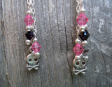 Girl Skull Guitar Pick Earrings with Skull Charm and Swarovski Crystal Dangles