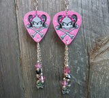 Girl Skull Guitar Pick Earrings with Skull Charm and Swarovski Crystal Dangles