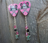 Girl Skull Guitar Pick Earrings with Skull Charm and Swarovski Crystal Dangles