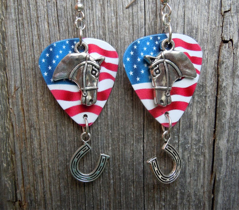 Horse Head and Horse Shoe Charm on American Flag Guitar Pick Earrings