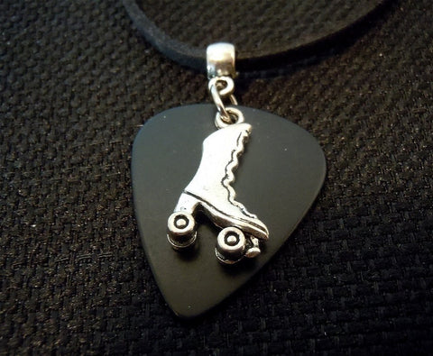 Roller Skate Charm on a Black Guitar Pick Necklace with Black Suede Cord