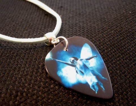 Fairy Guitar Pick Necklace on a Light Blue Suede Cord