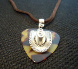 Cowboy Hat on Tortoise Shell Guitar Pick Necklace on Brown Suede Cord