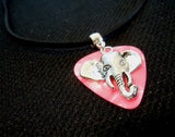 Elephant Head Charm on Pink MOP Guitar Pick Necklace with Black Suede Cord