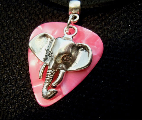 Elephant Head Charm on Pink MOP Guitar Pick Necklace with Black Suede Cord