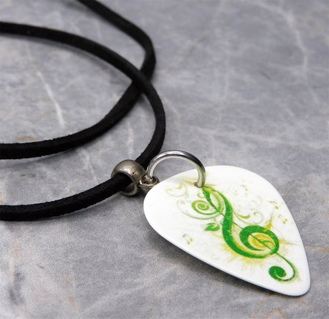 Green G Clef on White Guitar Pick Necklace with Black Suede Cord