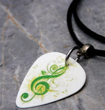 Green G Clef on White Guitar Pick Necklace with Black Suede Cord