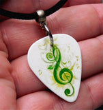 Green G Clef on White Guitar Pick Necklace with Black Suede Cord