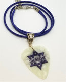 Star of David Shalom White MOP Guitar Pick Necklace on Rolled Blue Cord