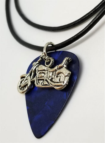 Motorcycle Charm on a Blue MOP Guitar Pick Necklace with a Rolled Black Cord